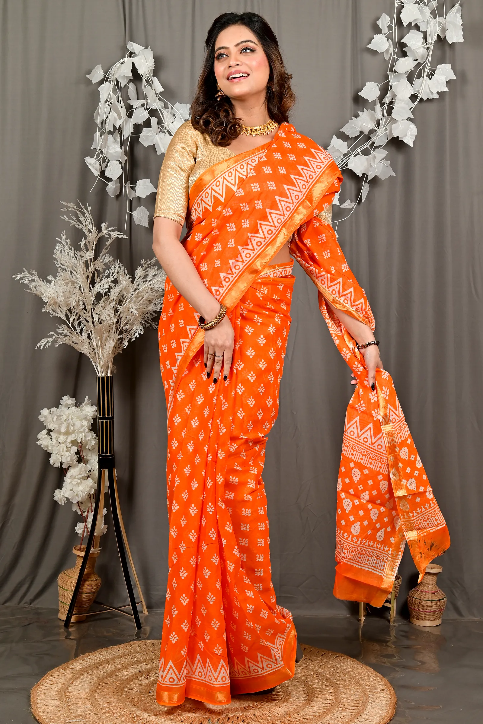 Orange Pure Cotton Febasi Batik Print Saree (3021)