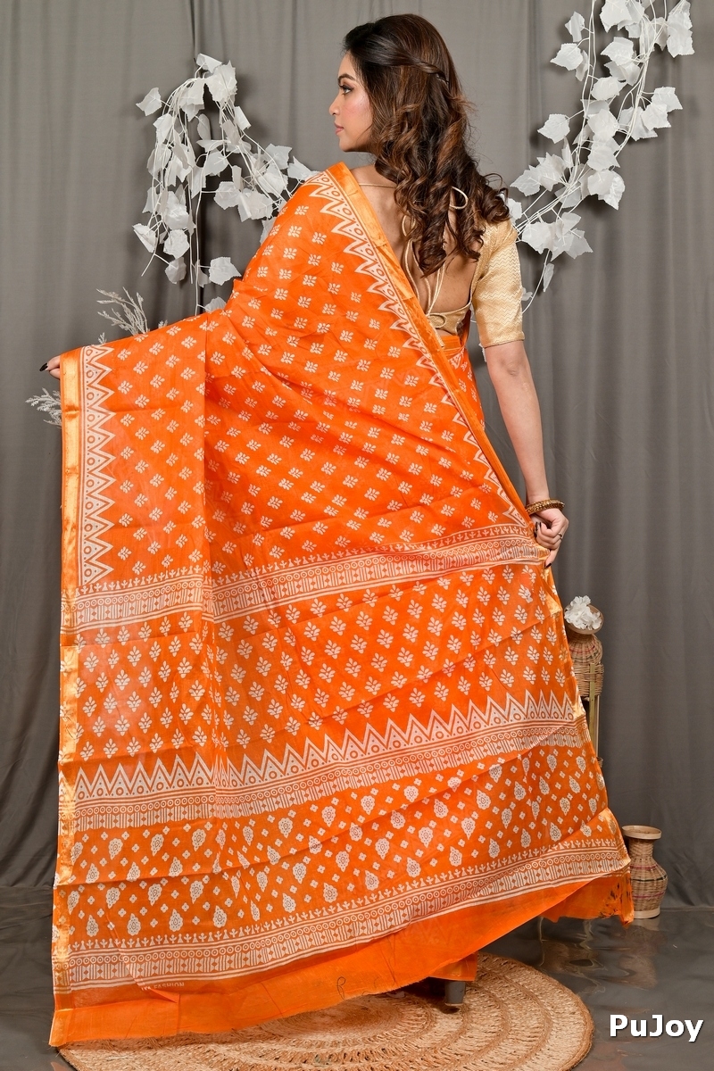 Orange Pure Cotton Febasi Batik Print Saree (3021)