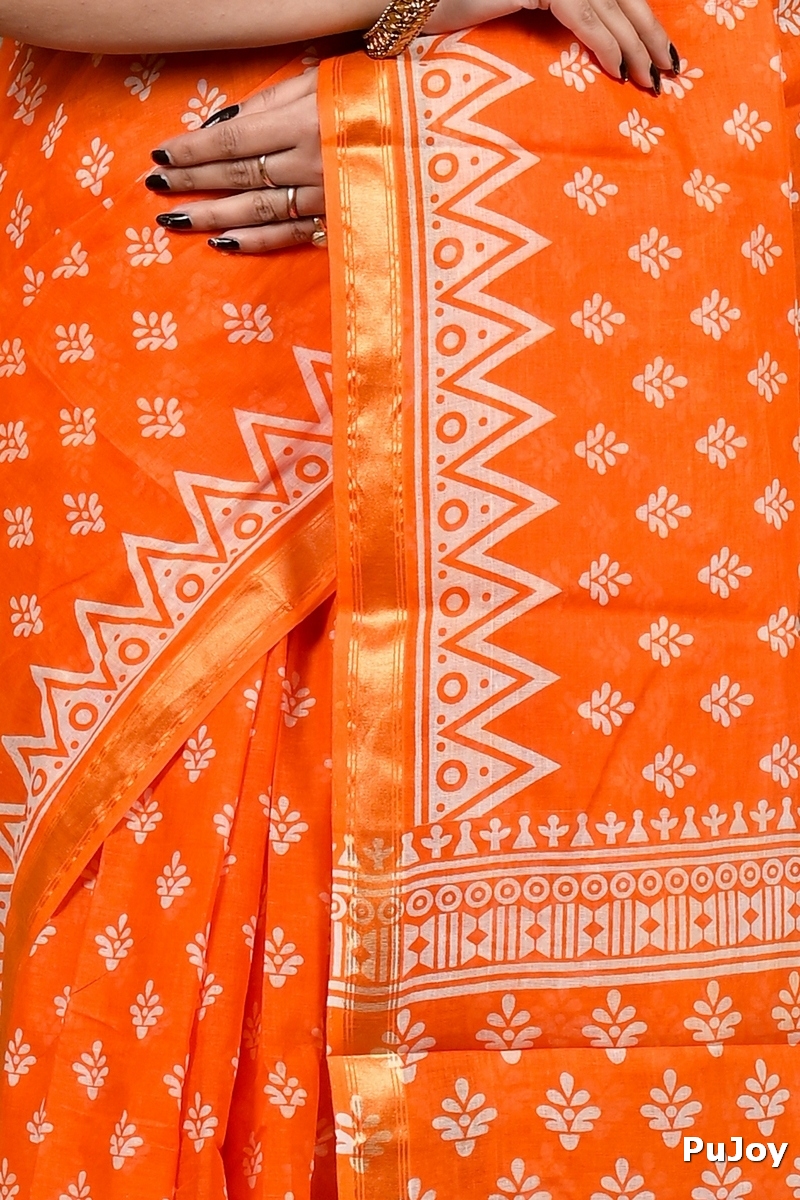 Orange Pure Cotton Febasi Batik Print Saree (3021)