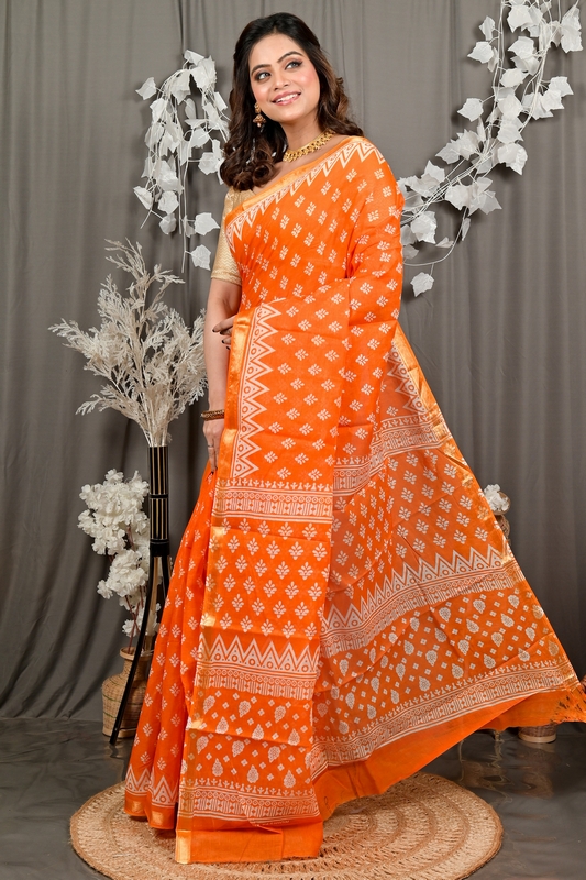 Orange Pure Cotton Febasi Batik Print Saree (3021)