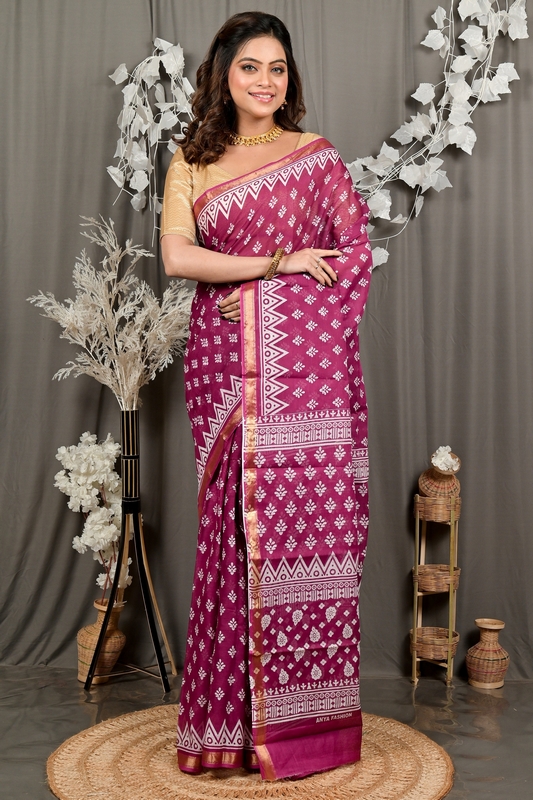 Purpel Pure Cotton Febasi Batik Print Saree (3022)