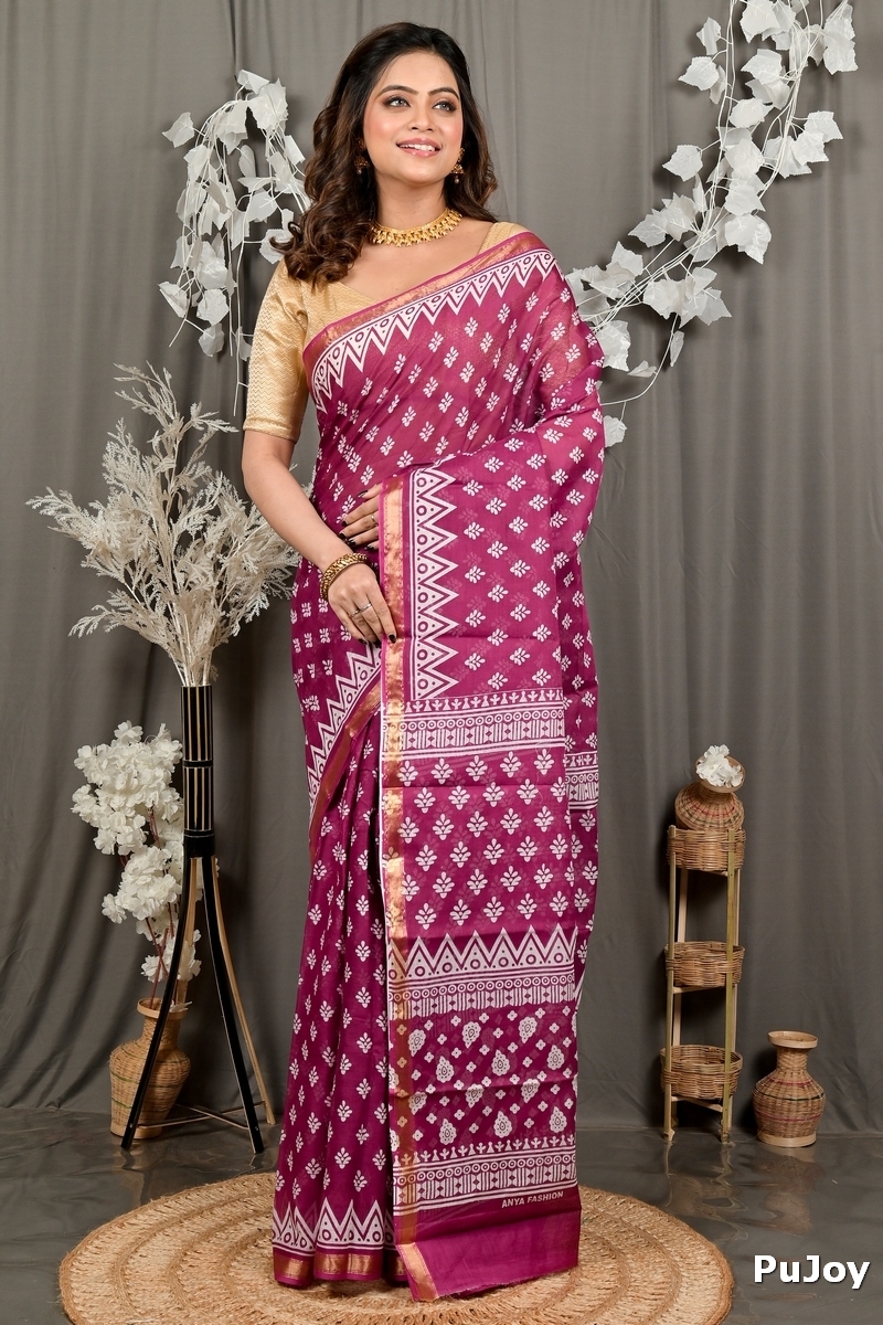 Purpel Pure Cotton Febasi Batik Print Saree (3022)