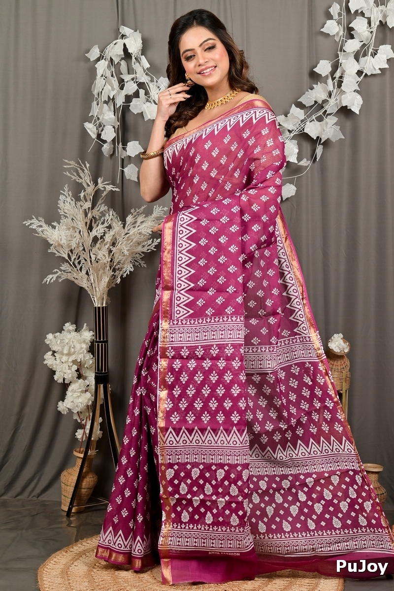 Purpel Pure Cotton Febasi Batik Print Saree (3022)