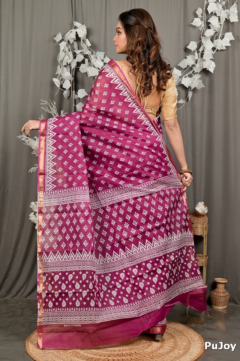 Purpel Pure Cotton Febasi Batik Print Saree (3022)