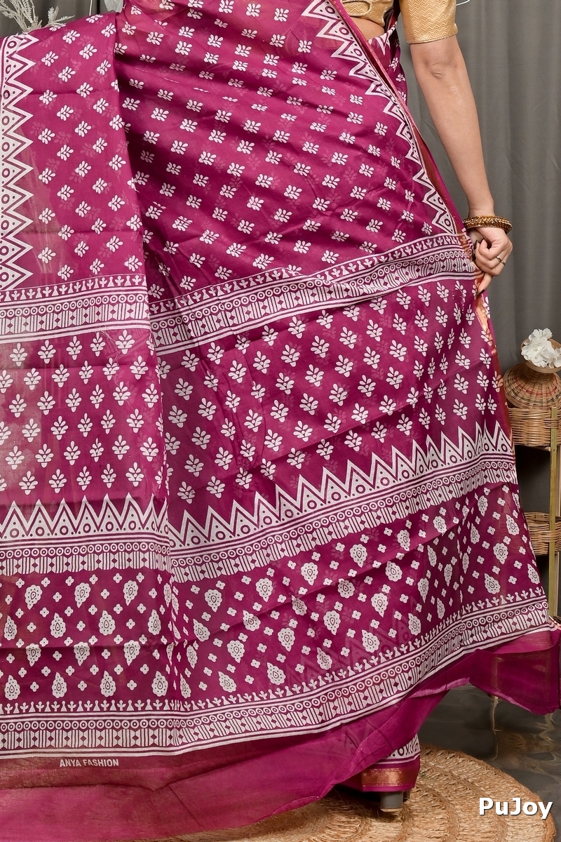 Purpel Pure Cotton Febasi Batik Print Saree (3022)