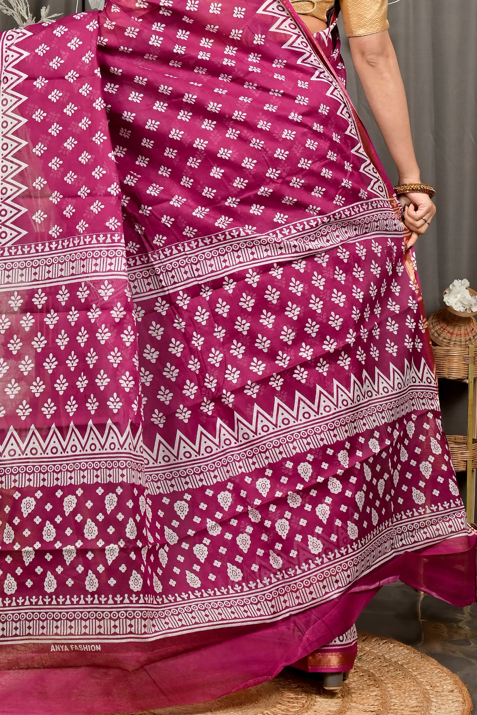 Purpel Pure Cotton Febasi Batik Print Saree (3022)