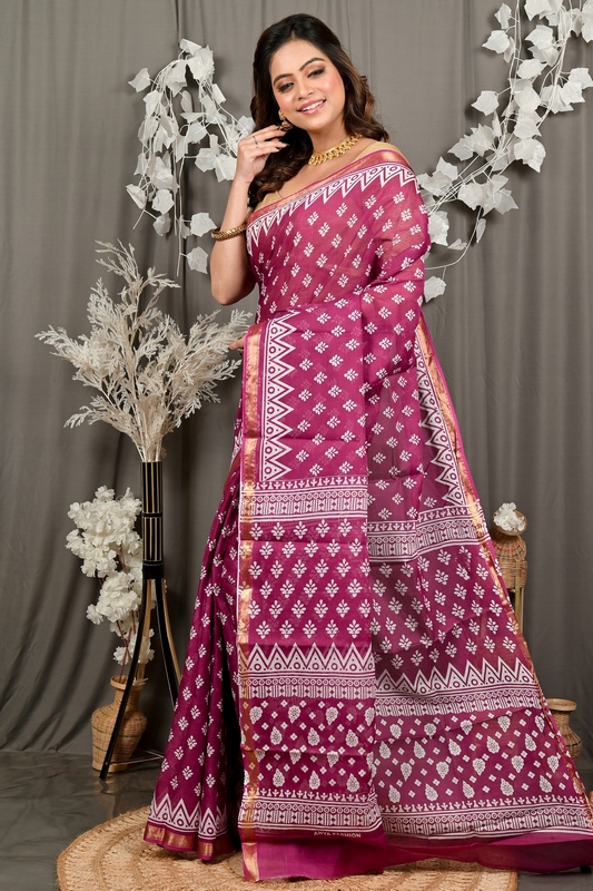 Purpel Pure Cotton Febasi Batik Print Saree (3022)
