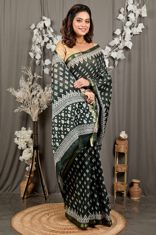 Dark Green Pure Cotton Febasi Batik Print Saree (3023)