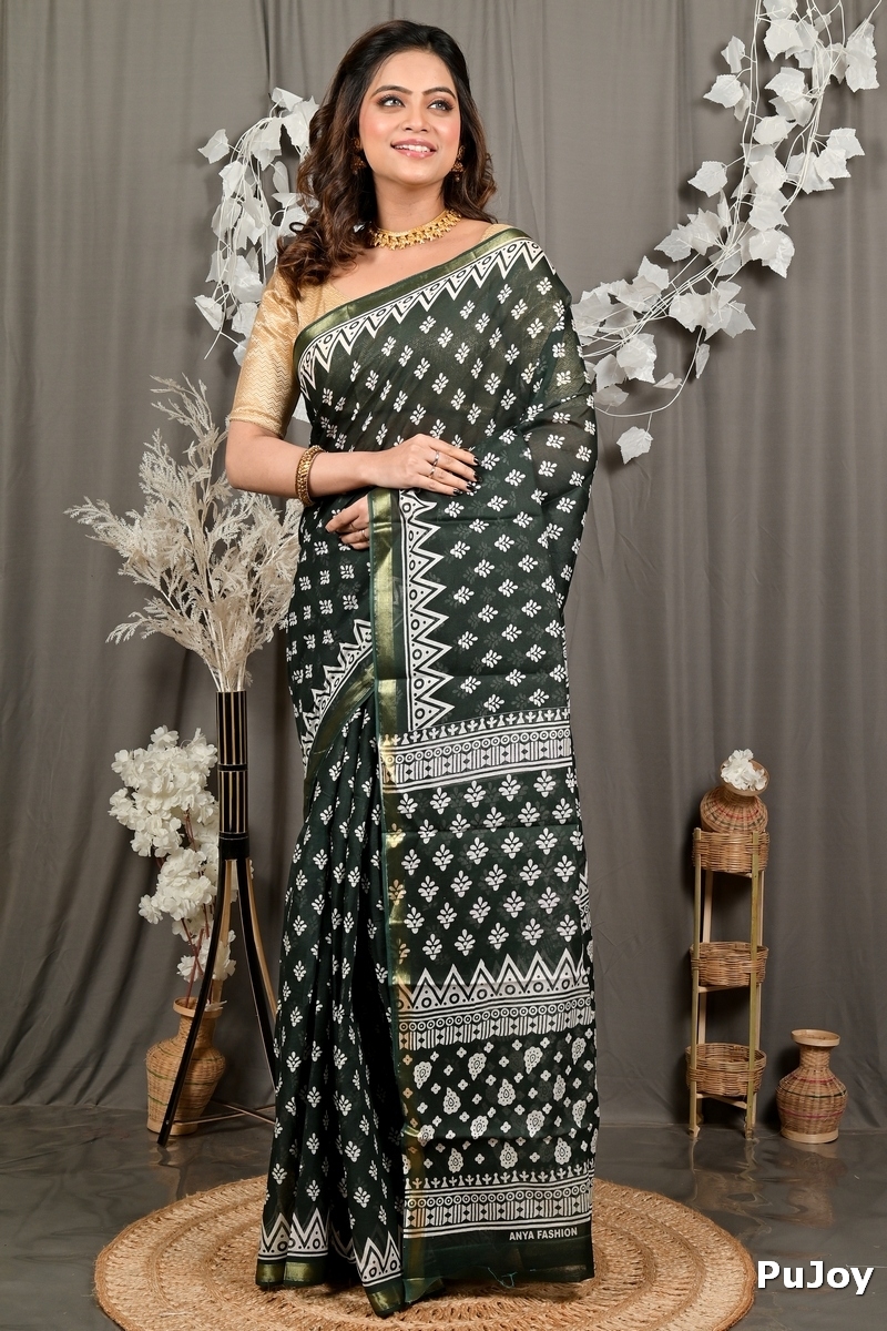 Dark Green Pure Cotton Febasi Batik Print Saree (3023)