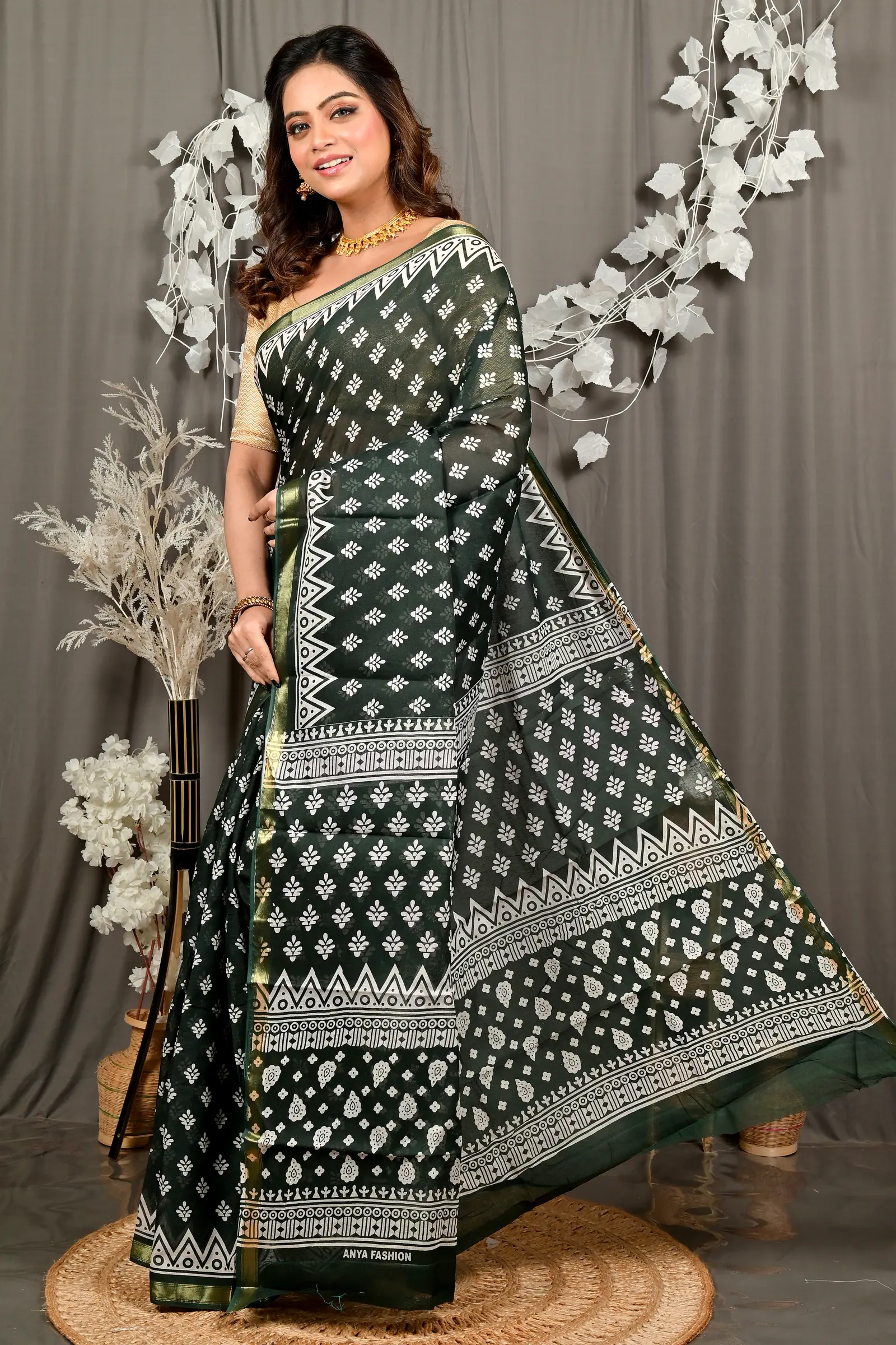 Dark Green Pure Cotton Febasi Batik Print Saree (3023)