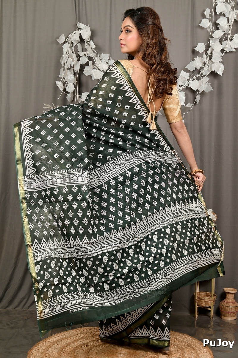 Dark Green Pure Cotton Febasi Batik Print Saree (3023)