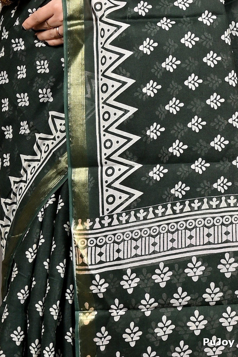 Dark Green Pure Cotton Febasi Batik Print Saree (3023)