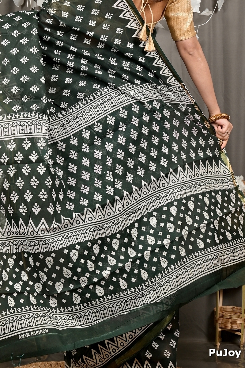 Dark Green Pure Cotton Febasi Batik Print Saree (3023)