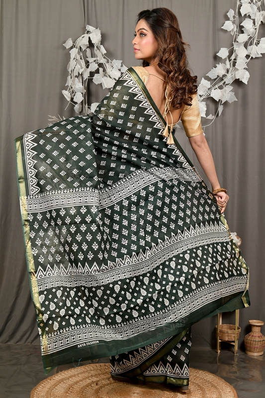 Dark Green Pure Cotton Febasi Batik Print Saree (3023)