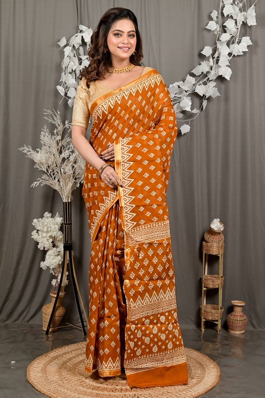 Brown Pure Cotton Febasi Batik Print Saree (3024)