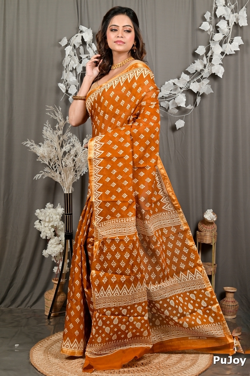 Brown Pure Cotton Febasi Batik Print Saree (3024)