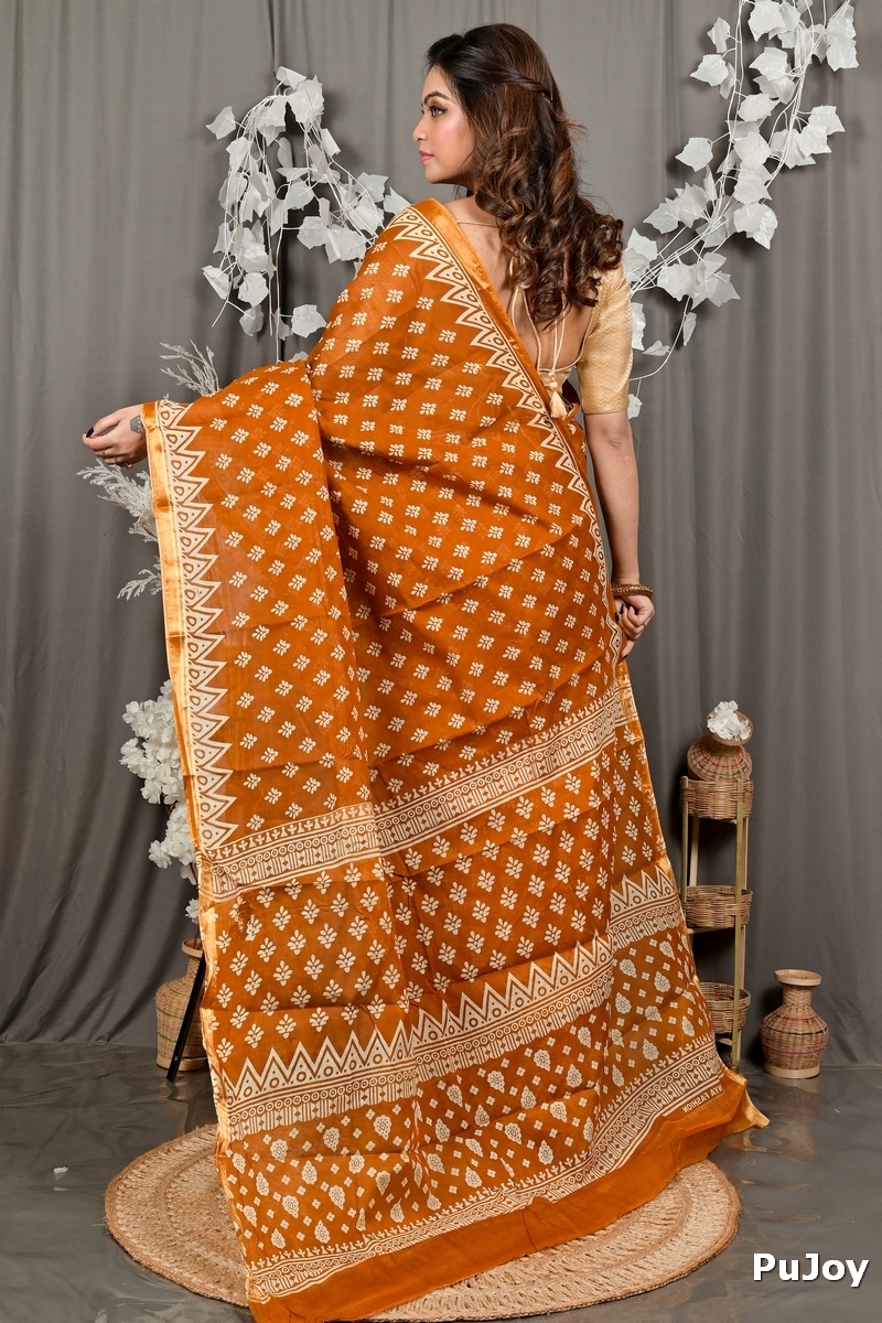 Brown Pure Cotton Febasi Batik Print Saree (3024)