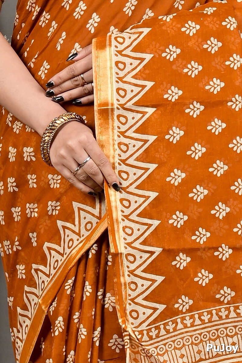 Brown Pure Cotton Febasi Batik Print Saree (3024)
