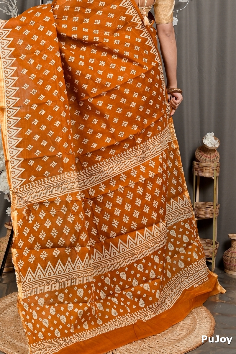 Brown Pure Cotton Febasi Batik Print Saree (3024)