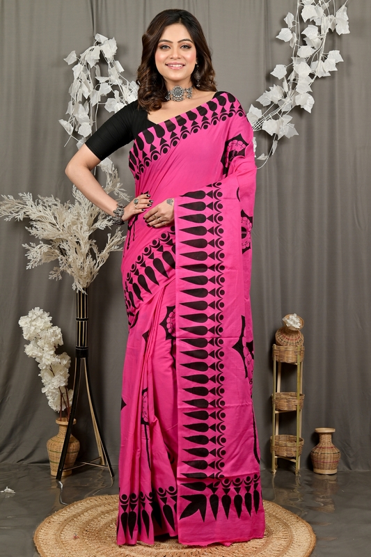 Dark Pink Pure Cotton Febui Printed Handloom Saree (3025)