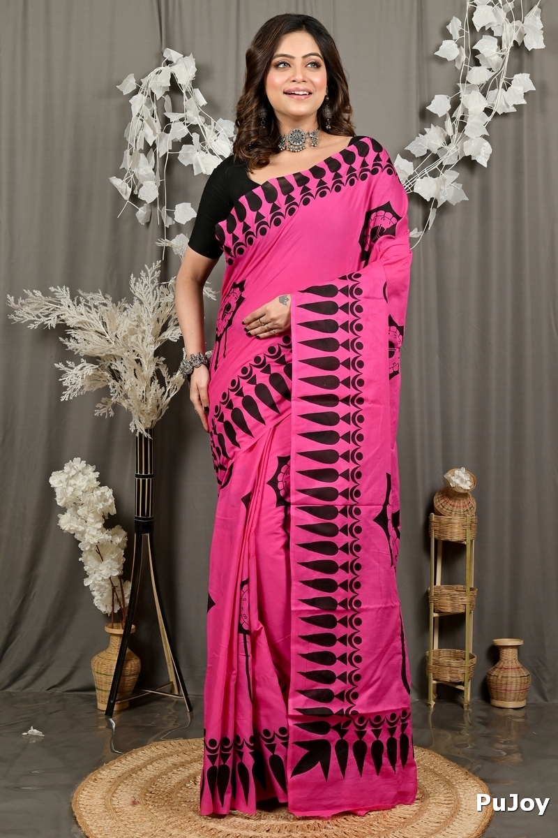 Dark Pink Pure Cotton Febui Printed Handloom Saree (3025)