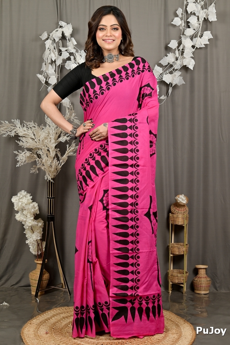 Dark Pink Pure Cotton Febui Printed Handloom Saree (3025)