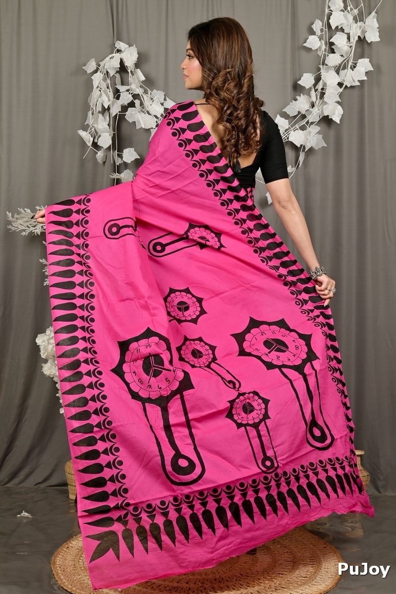 Dark Pink Pure Cotton Febui Printed Handloom Saree (3025)