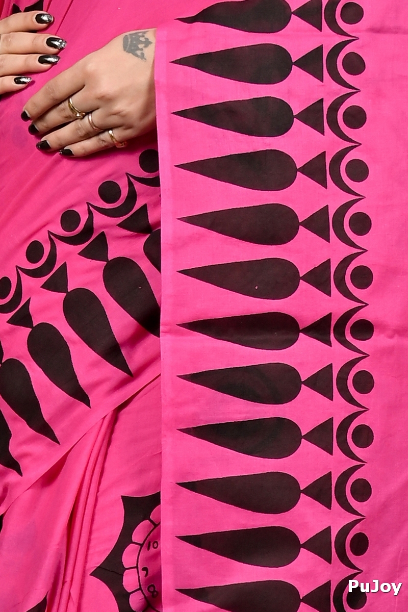 Dark Pink Pure Cotton Febui Printed Handloom Saree (3025)
