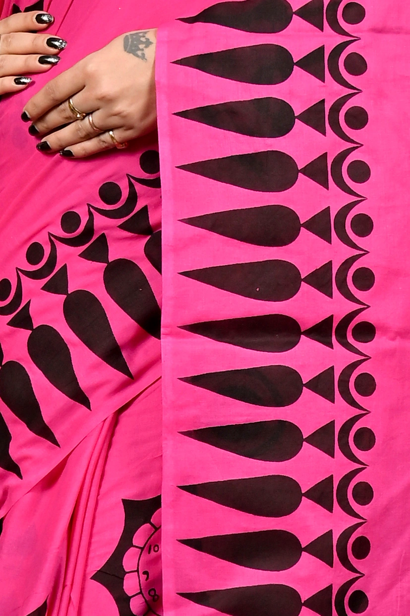 Dark Pink Pure Cotton Febui Printed Handloom Saree (3025)