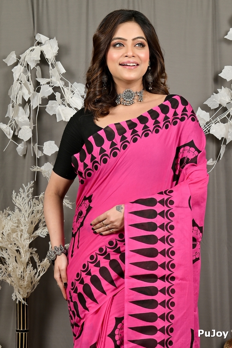 Dark Pink Pure Cotton Febui Printed Handloom Saree (3025)