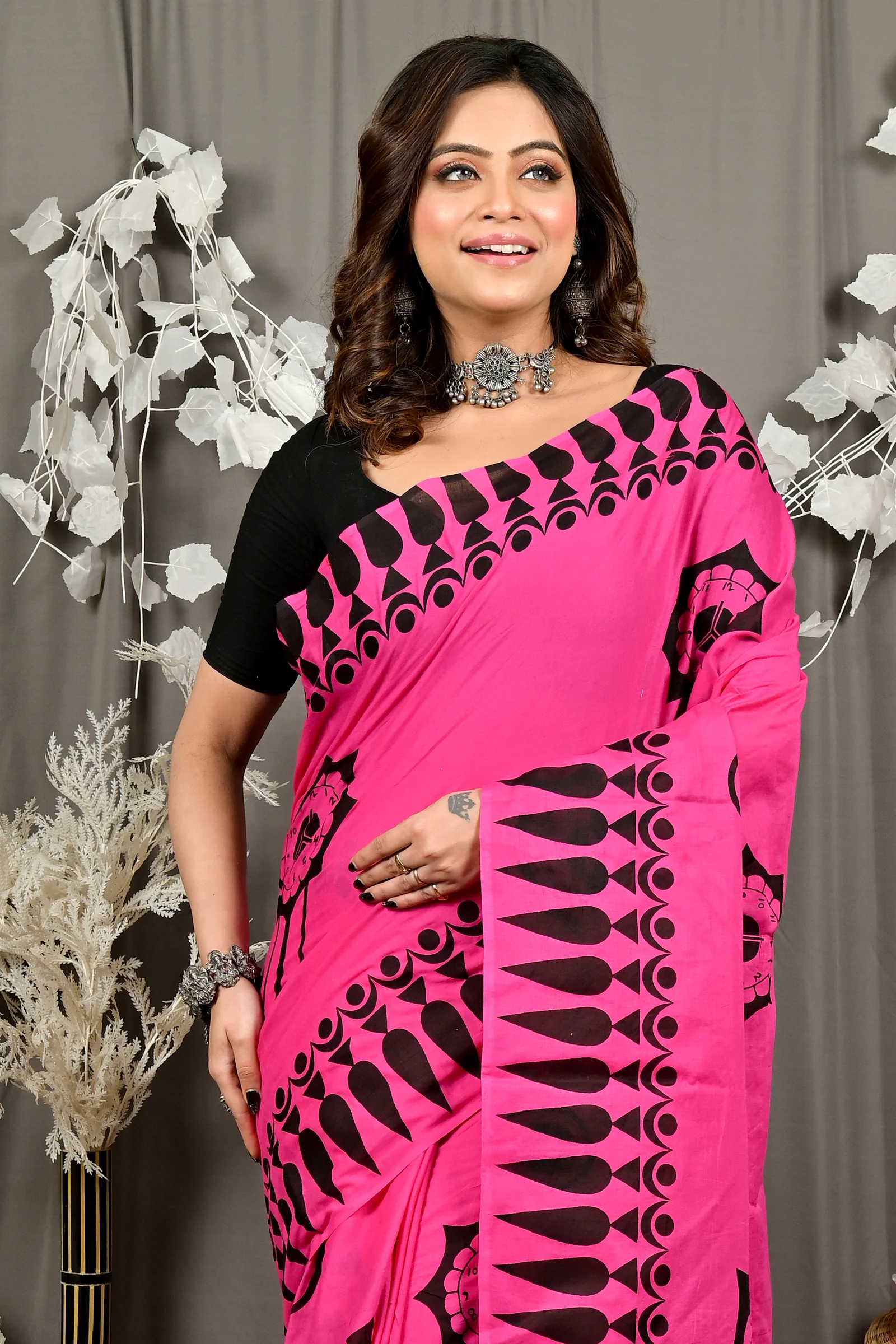 Dark Pink Pure Cotton Febui Printed Handloom Saree (3025)