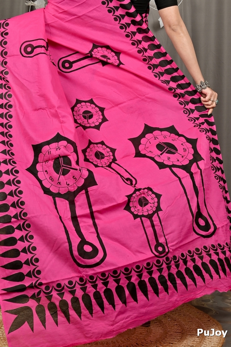 Dark Pink Pure Cotton Febui Printed Handloom Saree (3025)