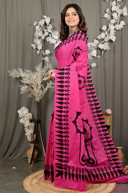 Dark Pink Pure Cotton Febui Printed Handloom Saree (3025)
