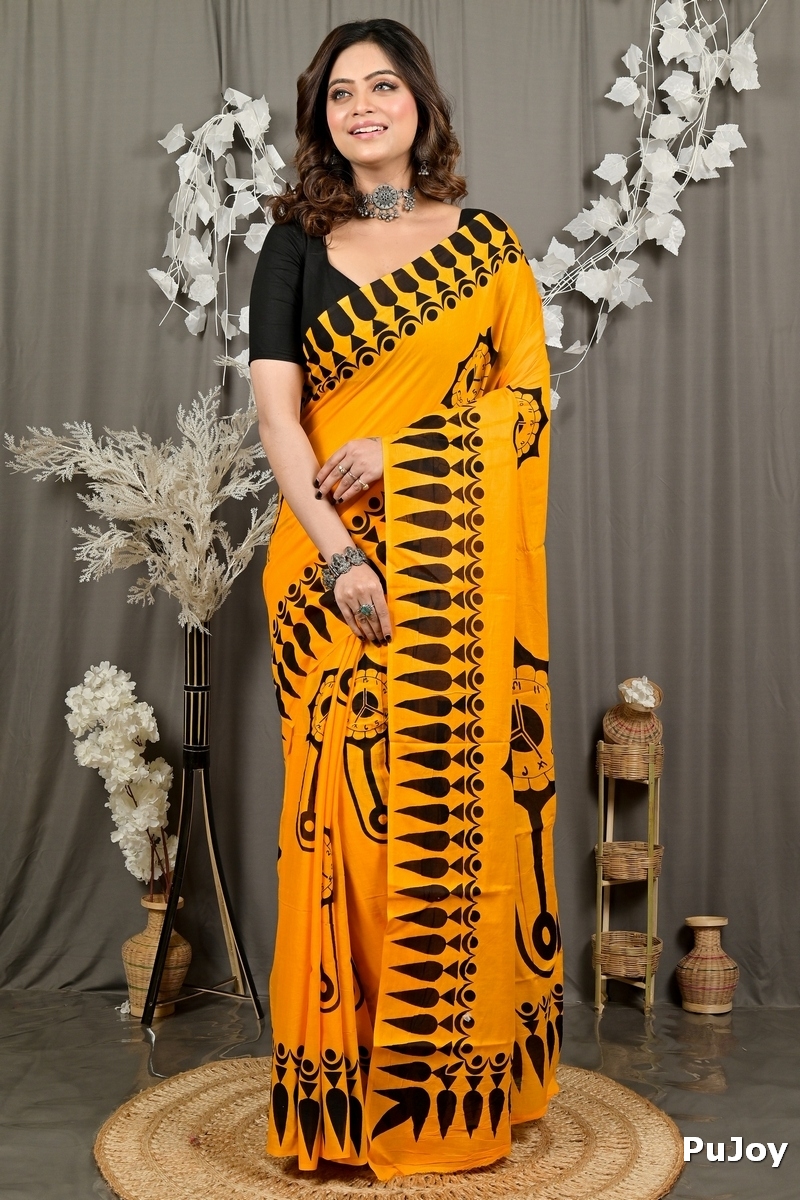 Yellow Pure Cotton Febui Printed Handloom Saree (3026)