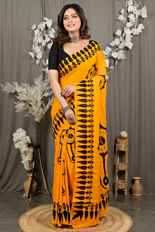 Yellow Pure Cotton Febui Printed Handloom Saree (3026)