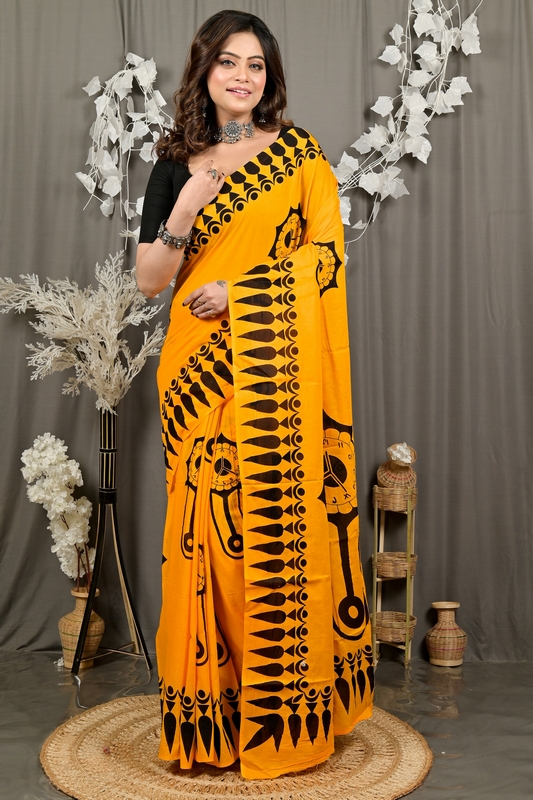 Yellow Pure Cotton Febui Printed Handloom Saree (3026)