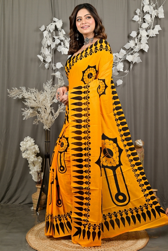 Yellow Pure Cotton Febui Printed Handloom Saree (3026)