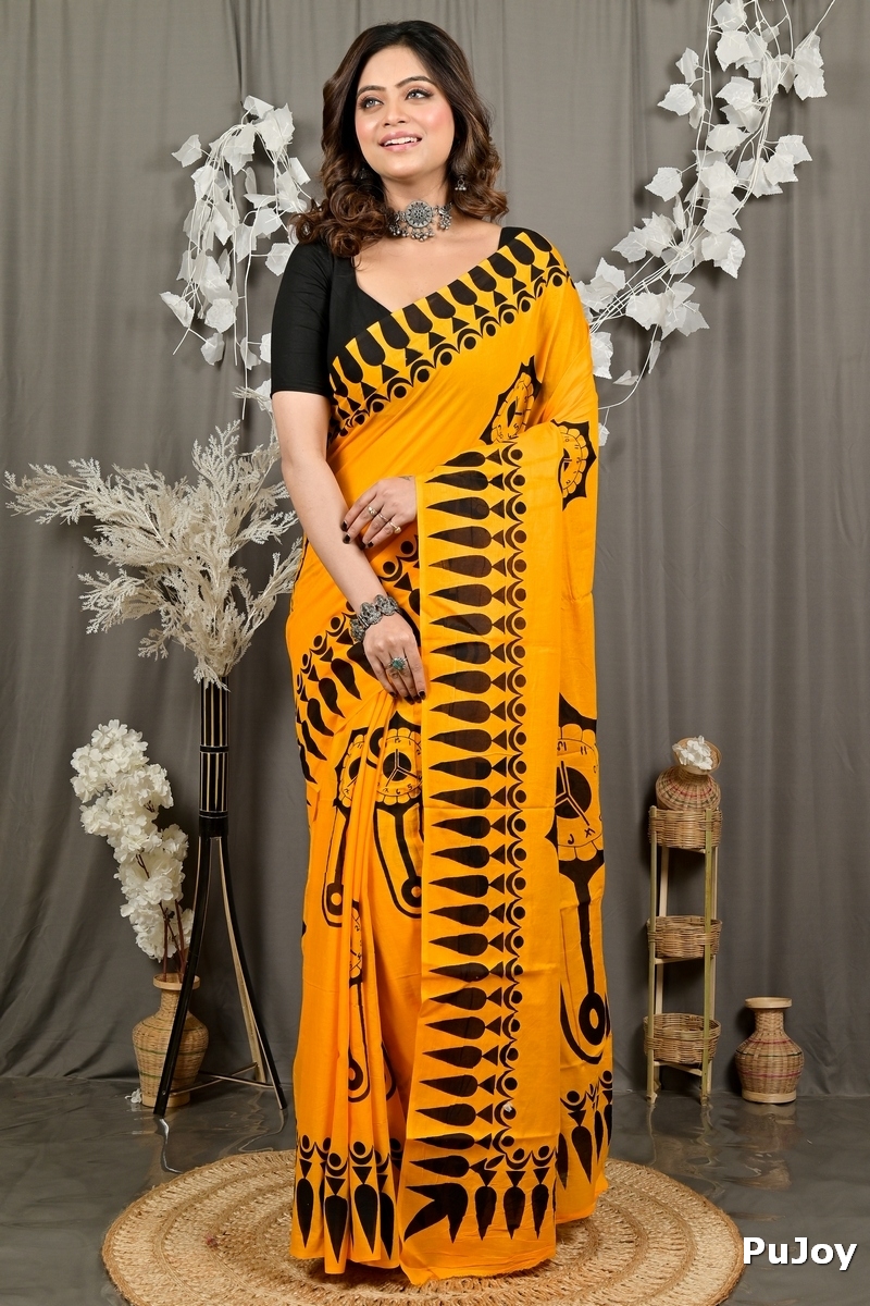 Yellow Pure Cotton Febui Printed Handloom Saree (3026)