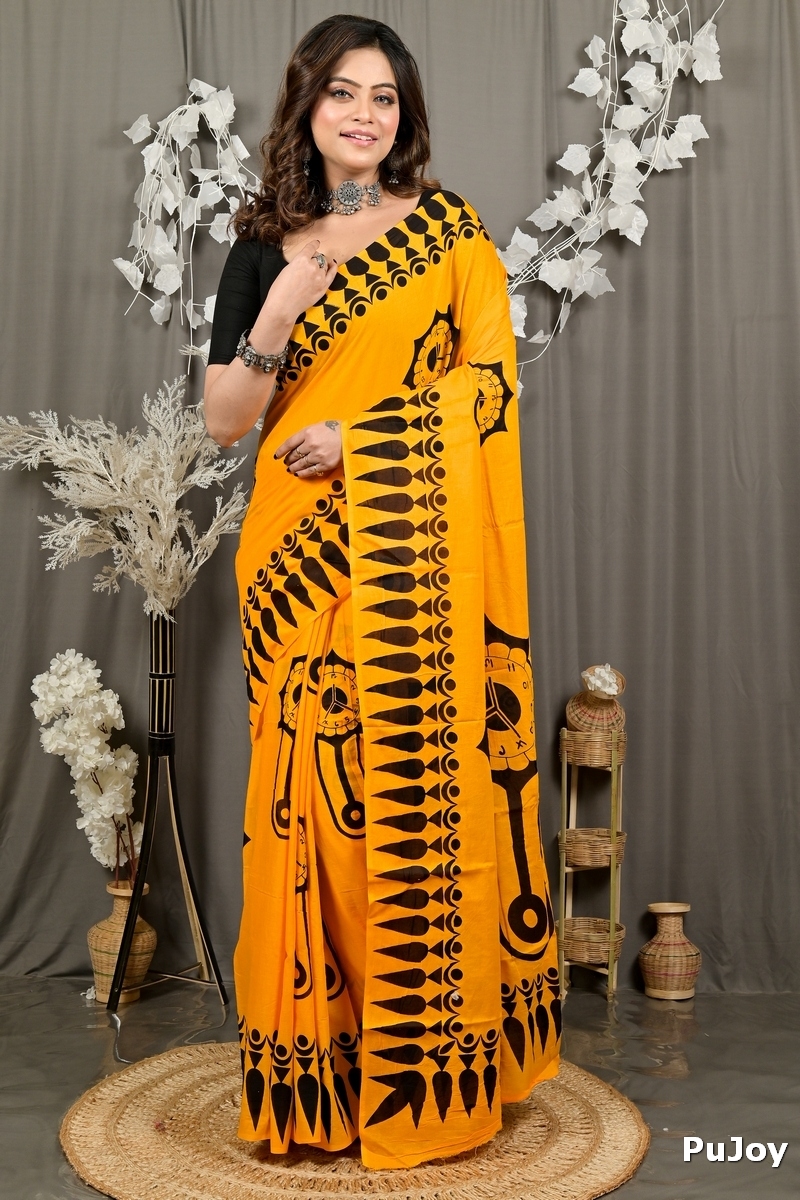 Yellow Pure Cotton Febui Printed Handloom Saree (3026)