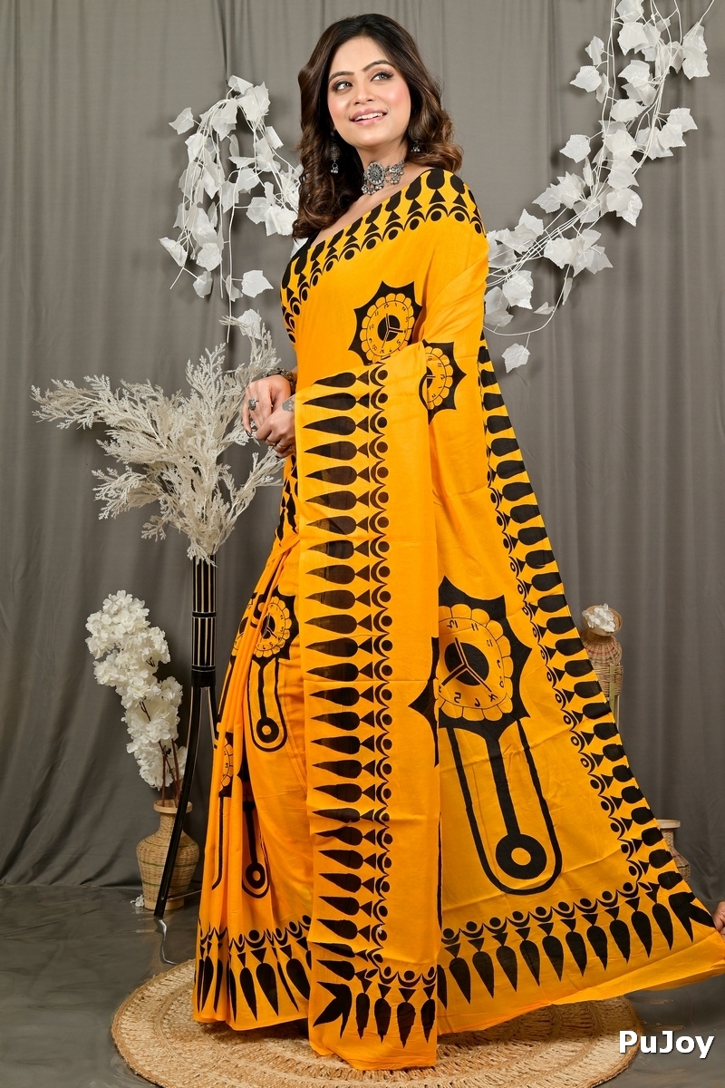 Yellow Pure Cotton Febui Printed Handloom Saree (3026)