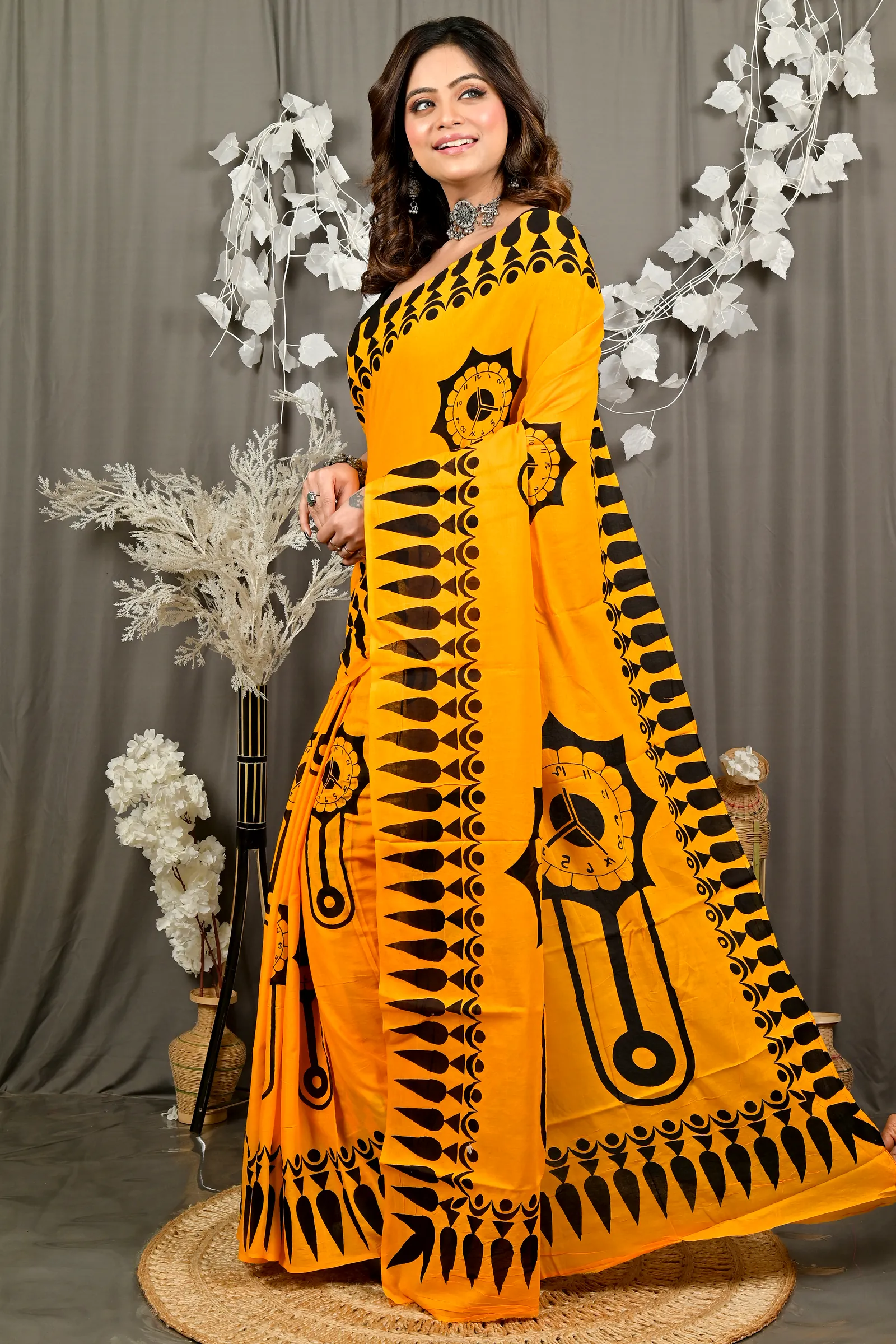 Yellow Pure Cotton Febui Printed Handloom Saree (3026)