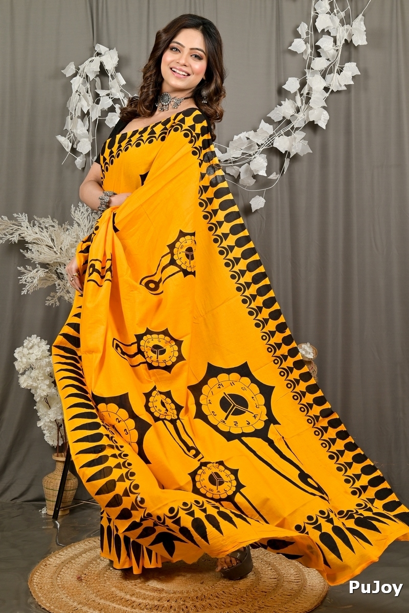 Yellow Pure Cotton Febui Printed Handloom Saree (3026)