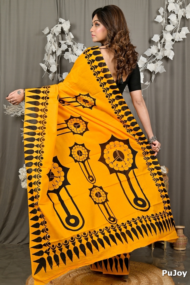 Yellow Pure Cotton Febui Printed Handloom Saree (3026)