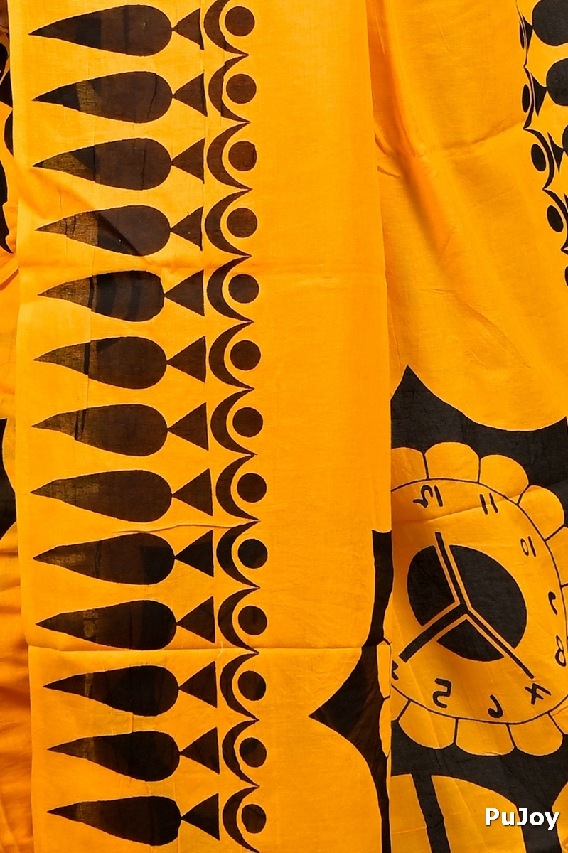 Yellow Pure Cotton Febui Printed Handloom Saree (3026)