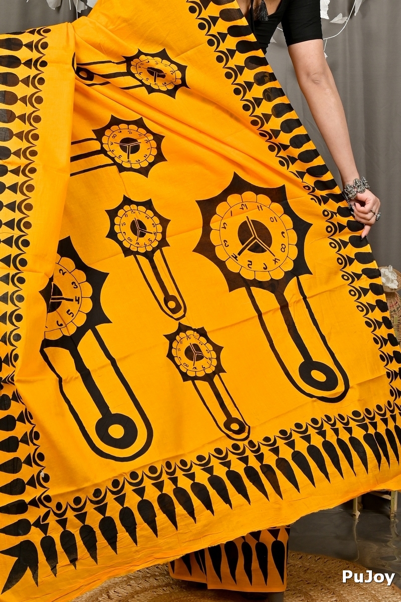 Yellow Pure Cotton Febui Printed Handloom Saree (3026)