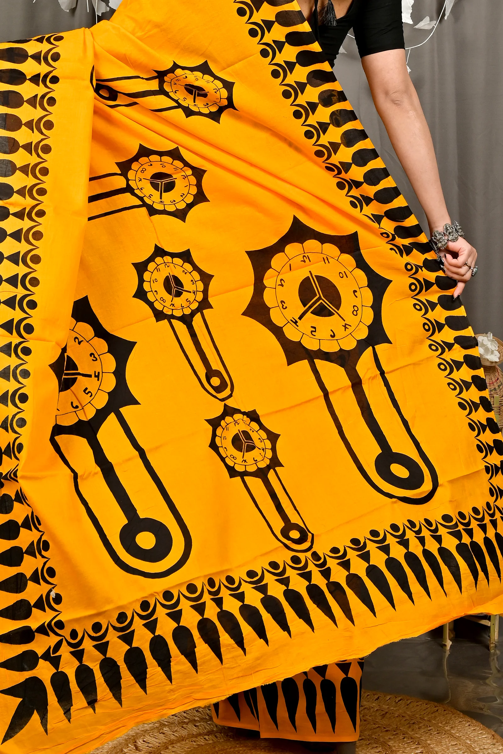 Yellow Pure Cotton Febui Printed Handloom Saree (3026)