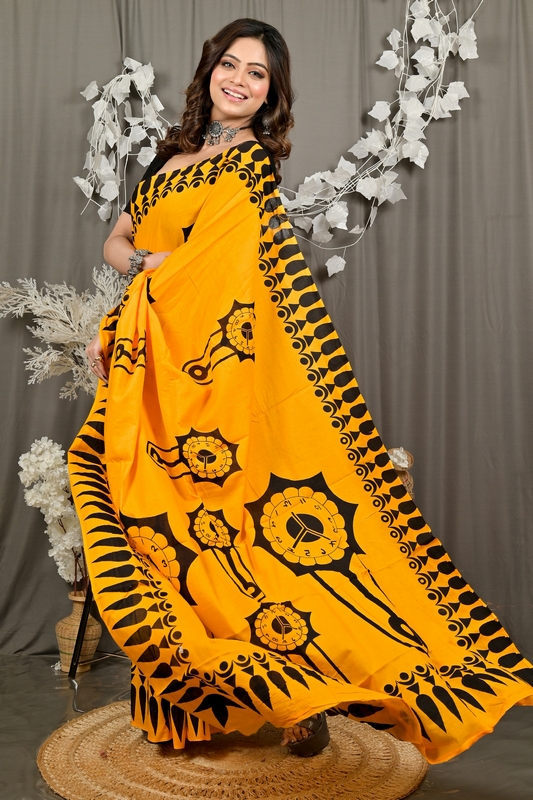 Yellow Pure Cotton Febui Printed Handloom Saree (3026)