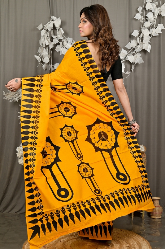 Yellow Pure Cotton Febui Printed Handloom Saree (3026)