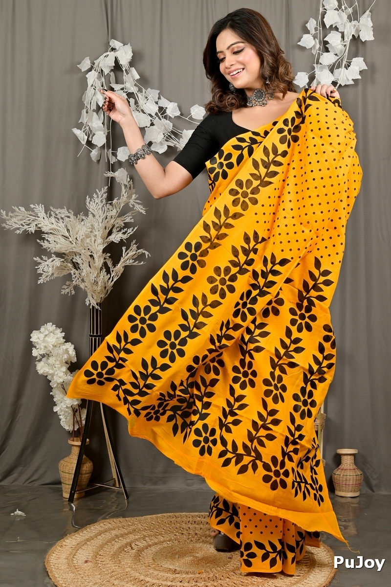 Yellow Pure Cotton Febuitwo Printed Handloom Saree (3027)