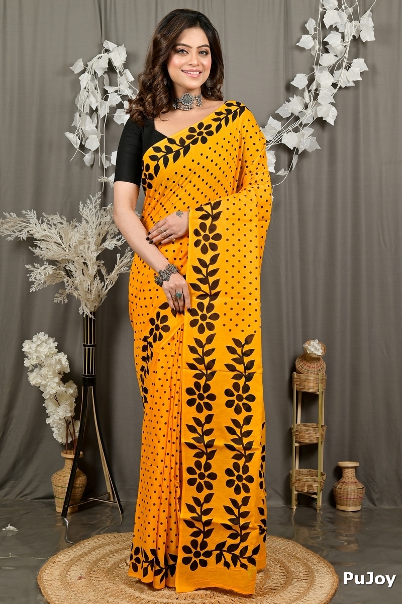 Yellow Pure Cotton Febuitwo Printed Handloom Saree (3027)